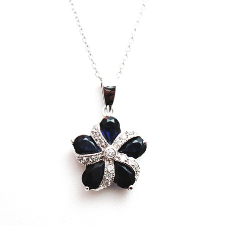 Dark Blue CZ Pinwheel Flower Pendant with Chain - Click Image to Close